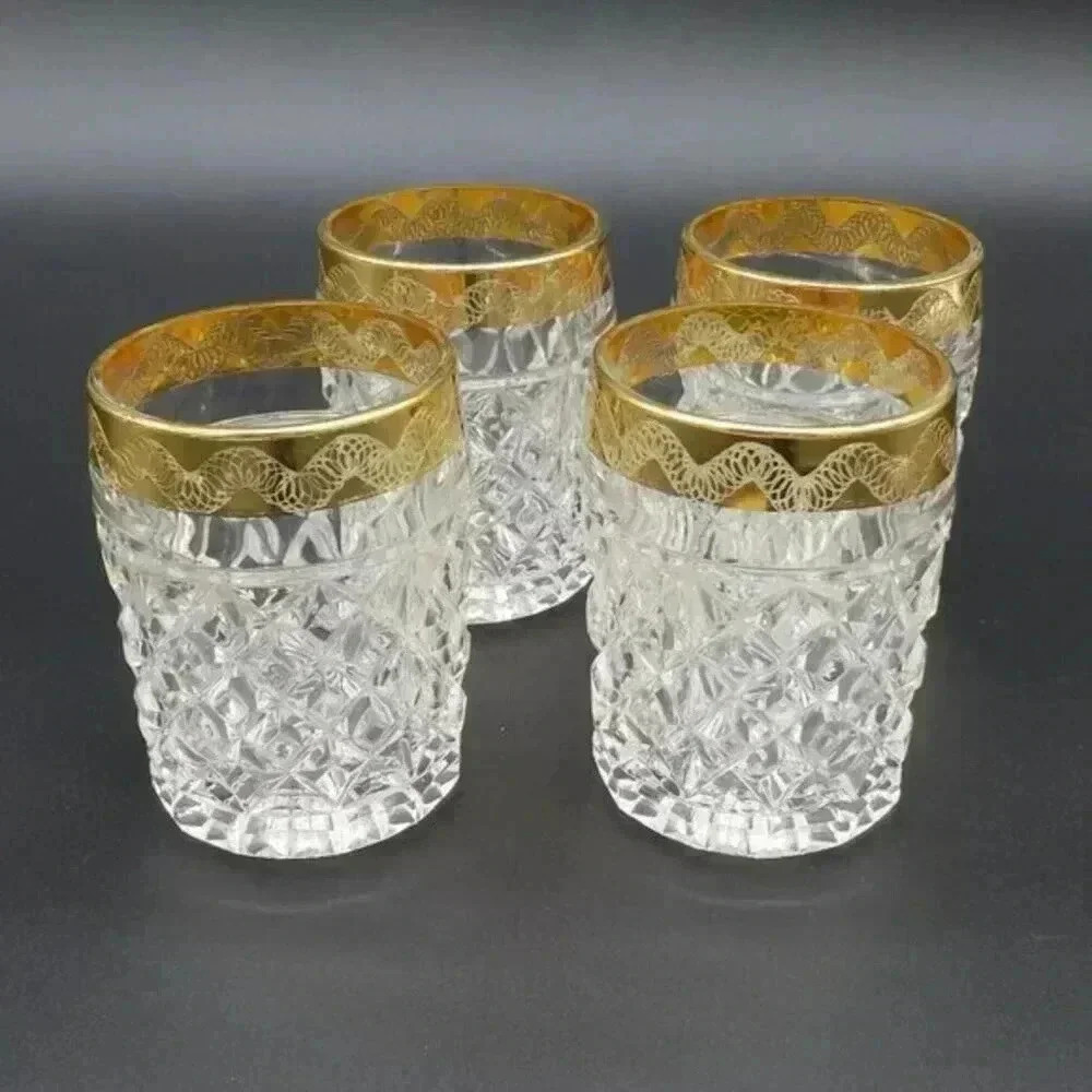 Diamond Point Clear Glasse with Wide Gold Band Old Fashioned Glass Whiskey Glass - Picture 1 of 7